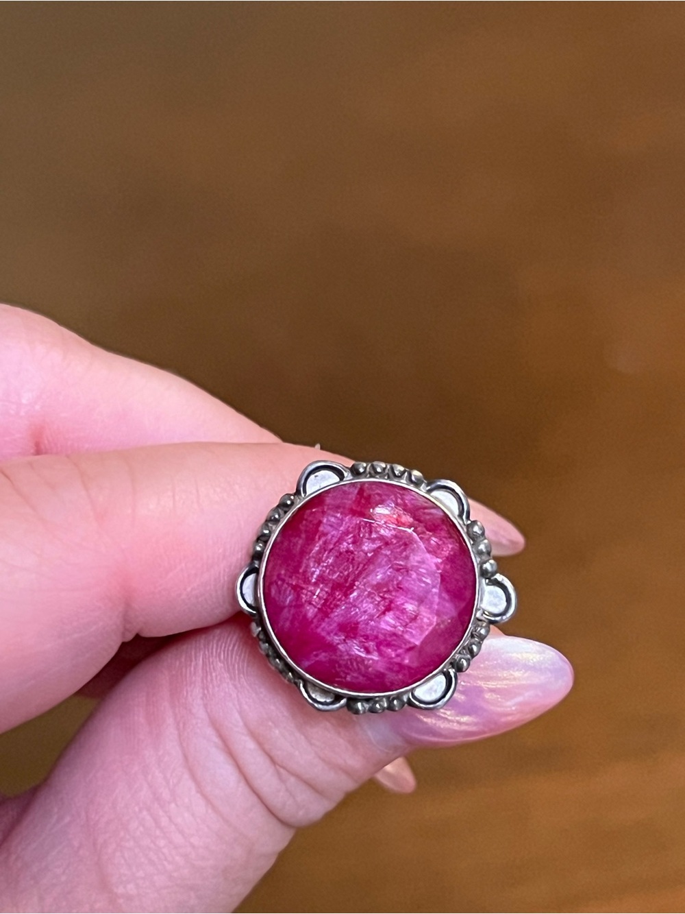 Vintage Sterling Silver Raw Pink Ruby Cabochon Statement Ring
